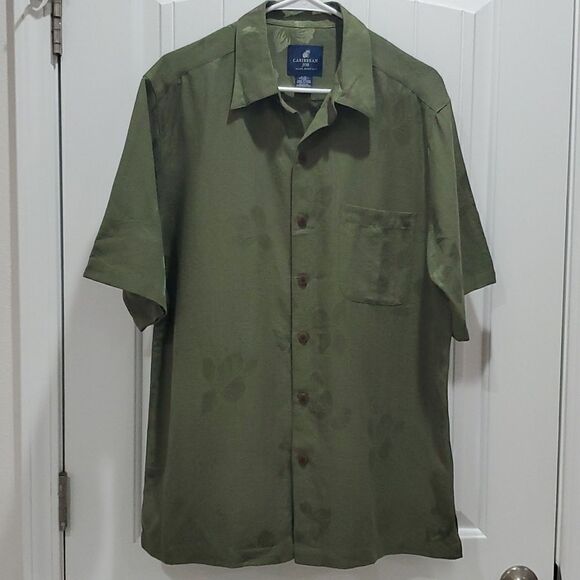 Caribbean Joe Mens 100% Silk, Tropical Embossed, Short Sleeve Shirt, Size Large - Picture 1 of 5